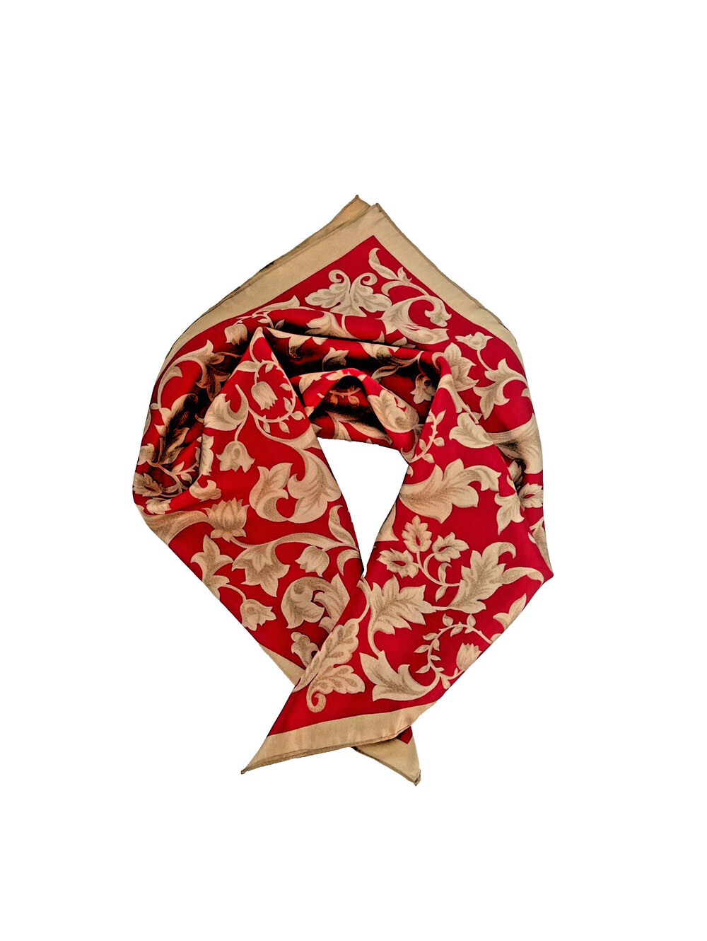 Vintage Talbots 100% Silk Square Scarf Red Tan Floral Filigree Damask 21" x 21"
